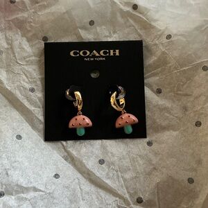Coach Gold Tone Hoop Earrings with Pink & Teal Mushroom Charms